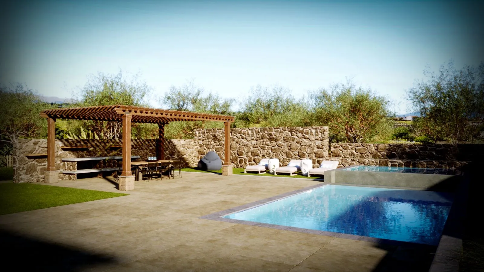 Backyard with pergola, dining area, pool, and lounge chairs.